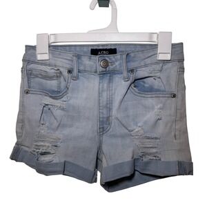 Aero Womens High Rise Midi Distressed Denim Shorts Light Wash Size 6